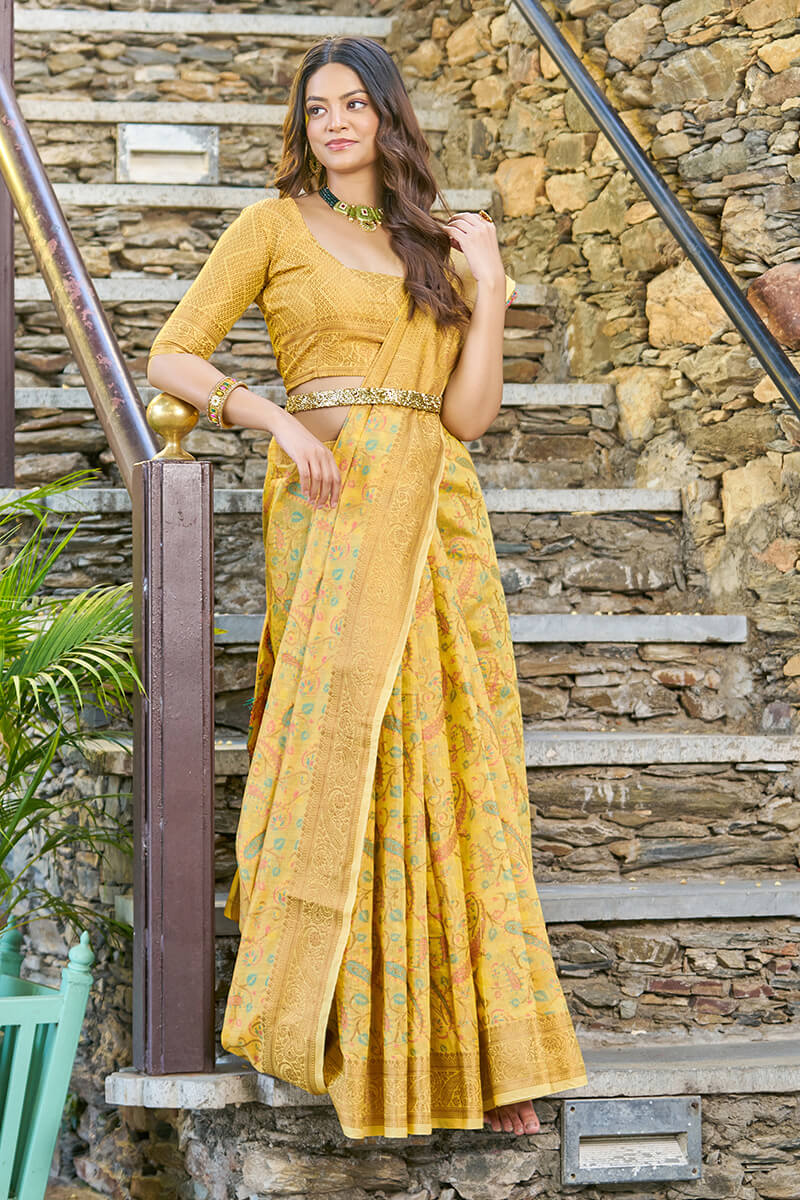 Desuetude Yellow Pashmina saree With Ratatouille Blouse Piece