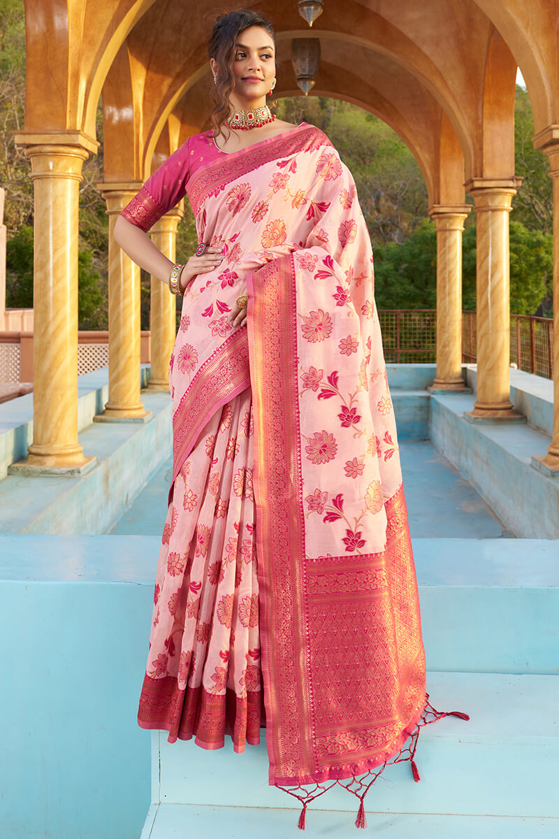 Glowing Baby Pink Organza Silk Saree With Lissome Blouse Piece