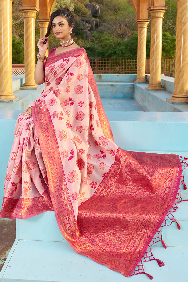 Glowing Baby Pink Organza Silk Saree With Lissome Blouse Piece