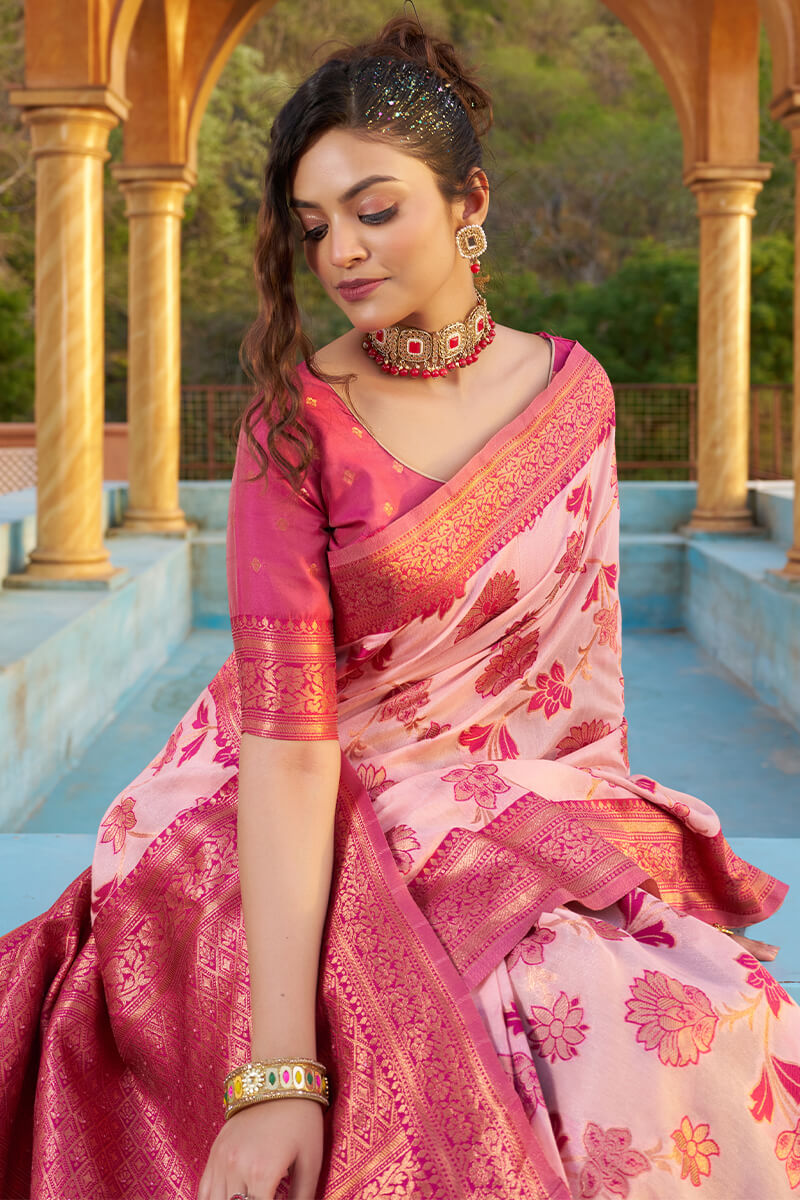 Glowing Baby Pink Organza Silk Saree With Lissome Blouse Piece