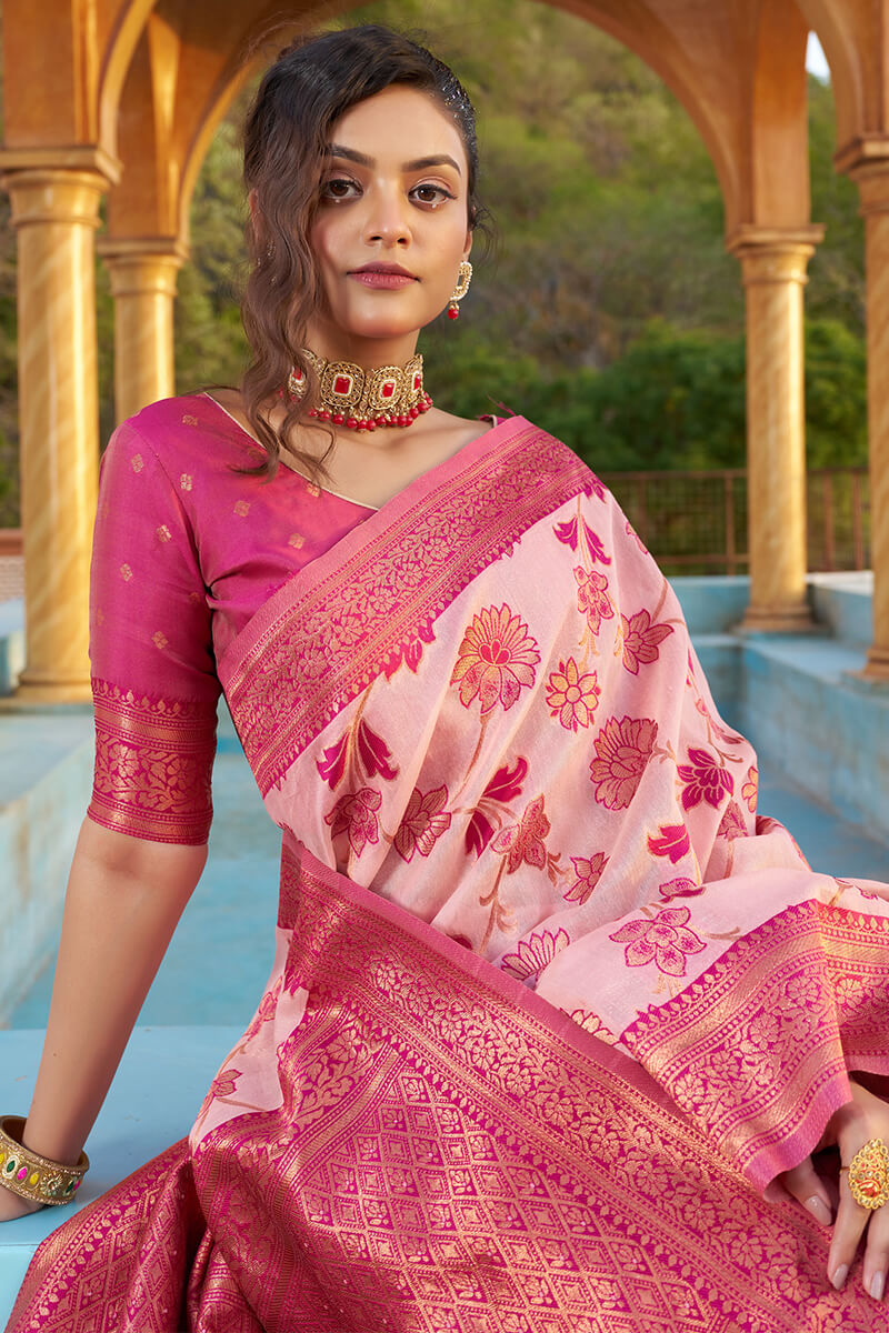 Glowing Baby Pink Organza Silk Saree With Lissome Blouse Piece