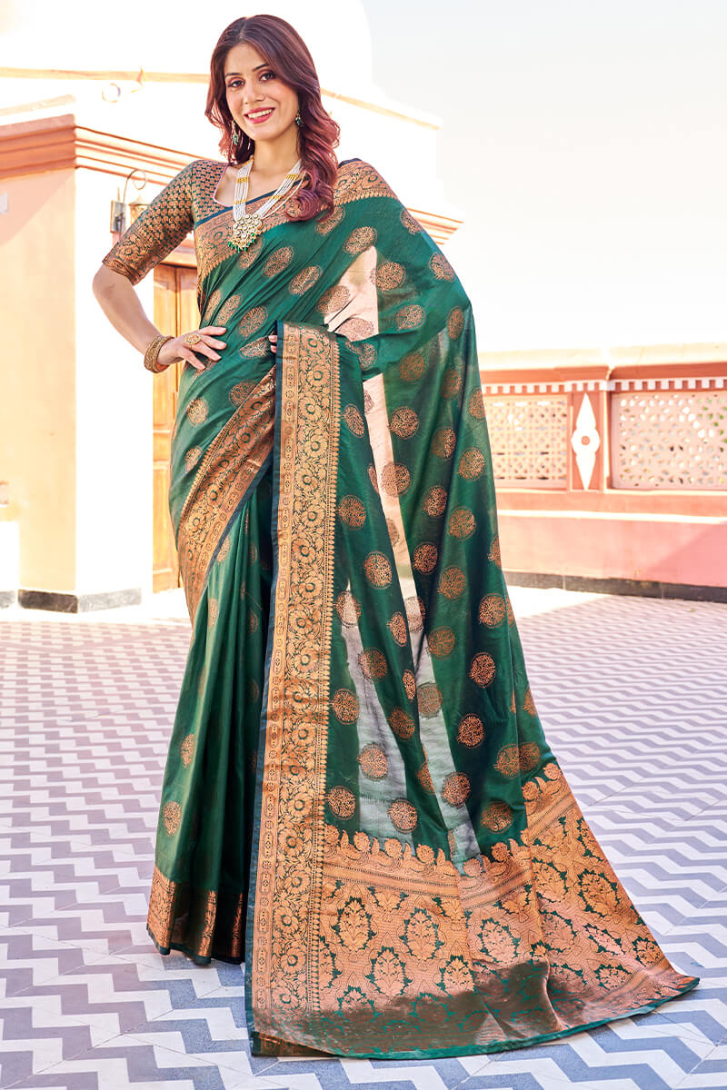 Blooming Dark Green Banarasi Silk Saree With Engrossing Blouse Piece
