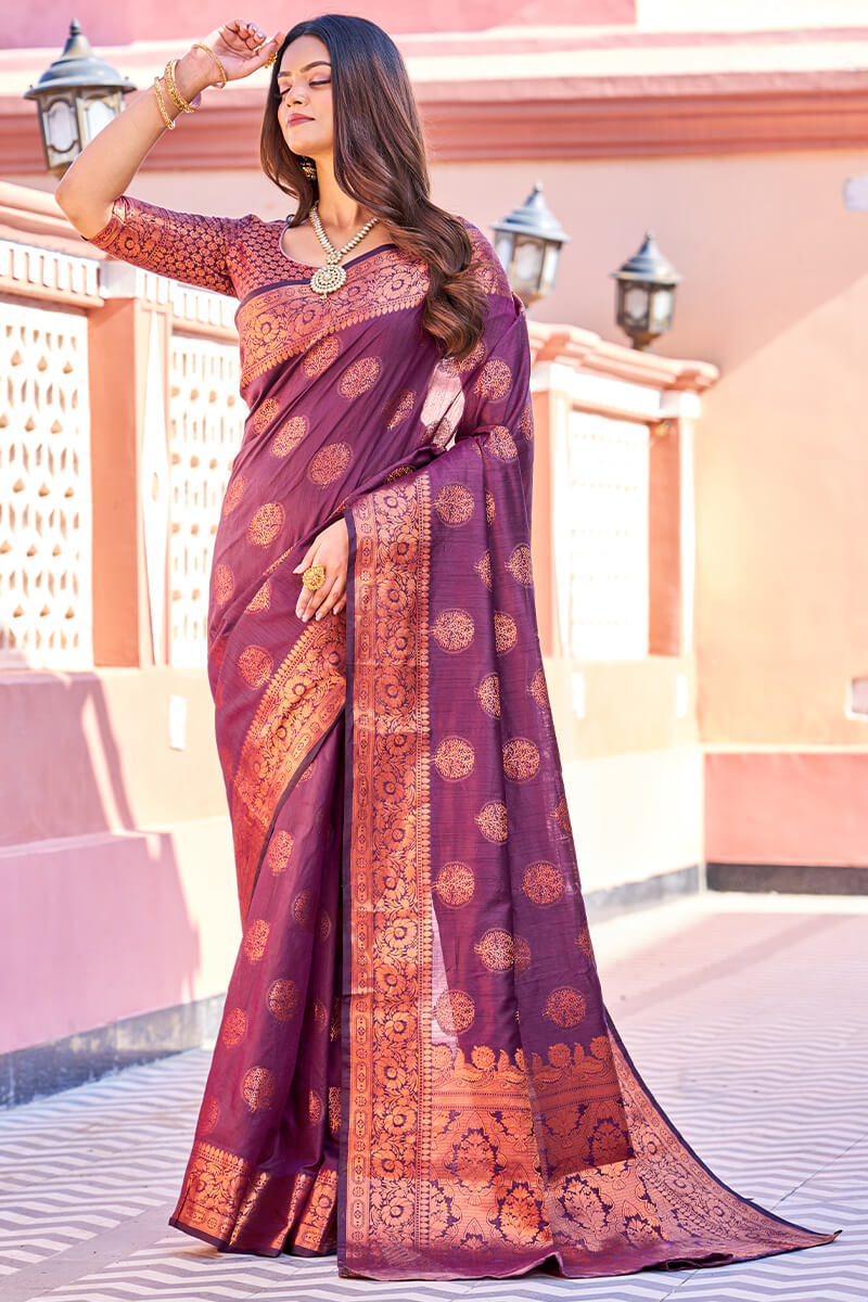 Flamboyant Purple Banarasi Silk Saree With Adorning Blouse Piece