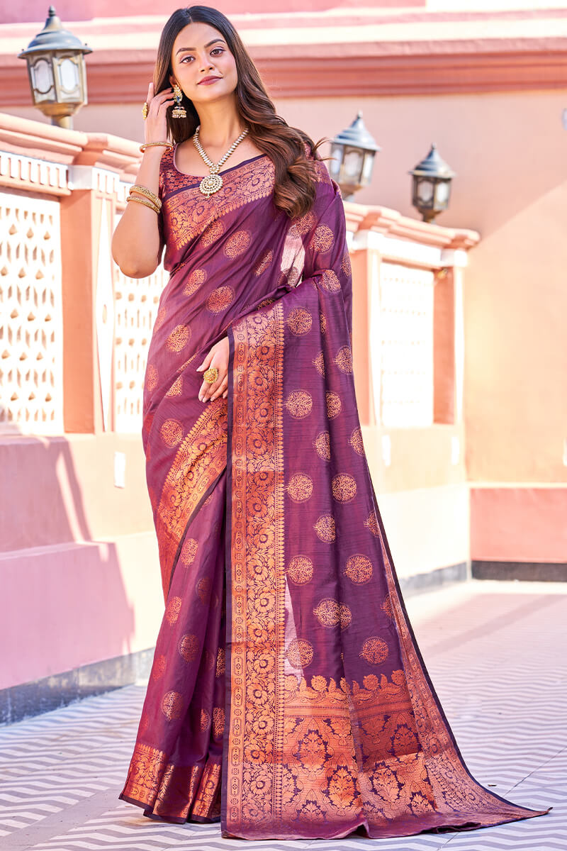 Flamboyant Purple Banarasi Silk Saree With Adorning Blouse Piece