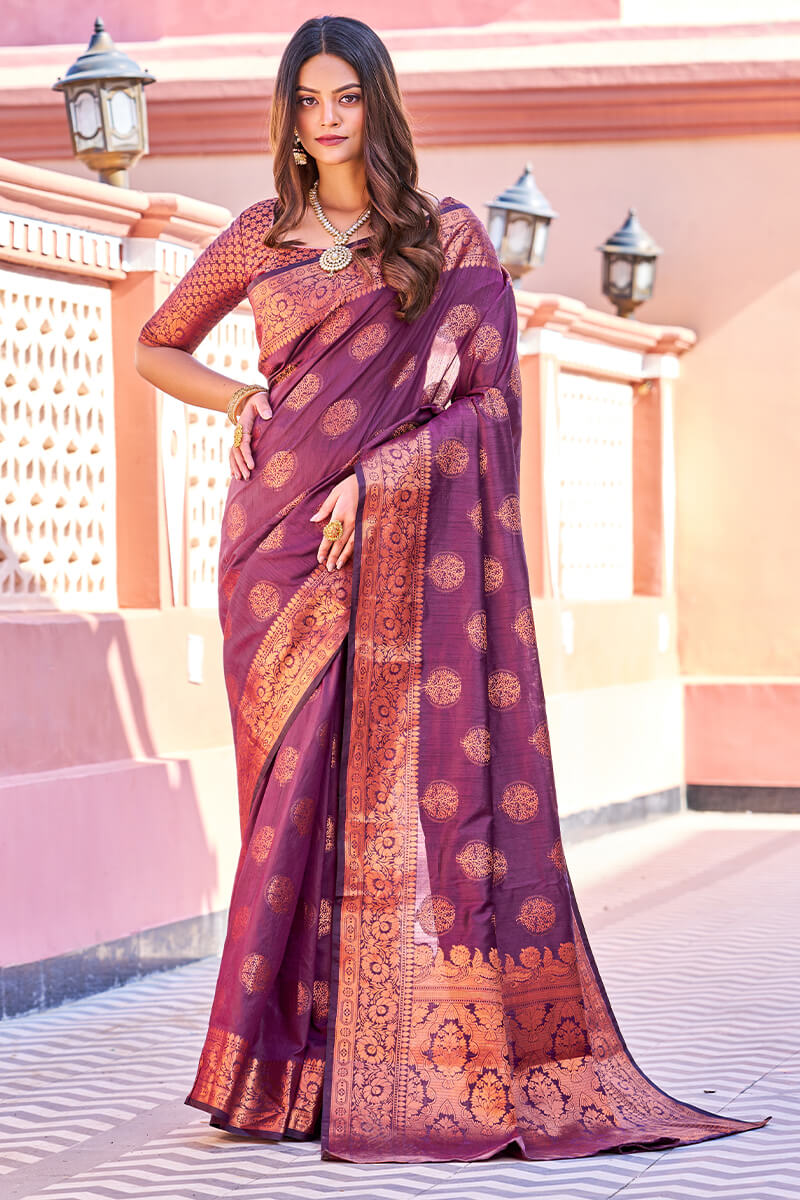 Flamboyant Purple Banarasi Silk Saree With Adorning Blouse Piece