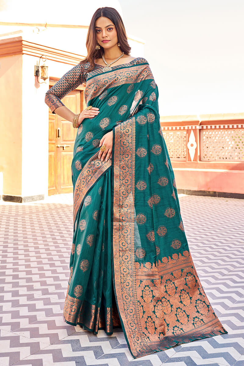 Flameboyant Rama Banarasi Silk Saree With Prettiest Blouse Piece