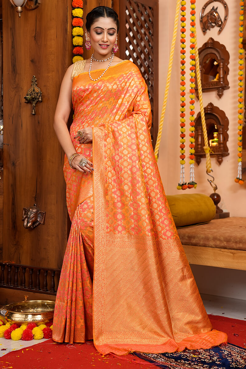 Attractive Orange Kanjivaram Silk With Woebegone Blouse Piece