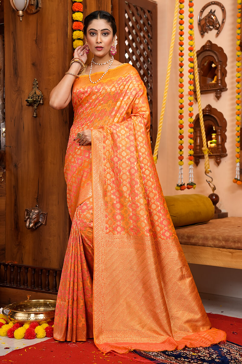 Attractive Orange Kanjivaram Silk With Woebegone Blouse Piece