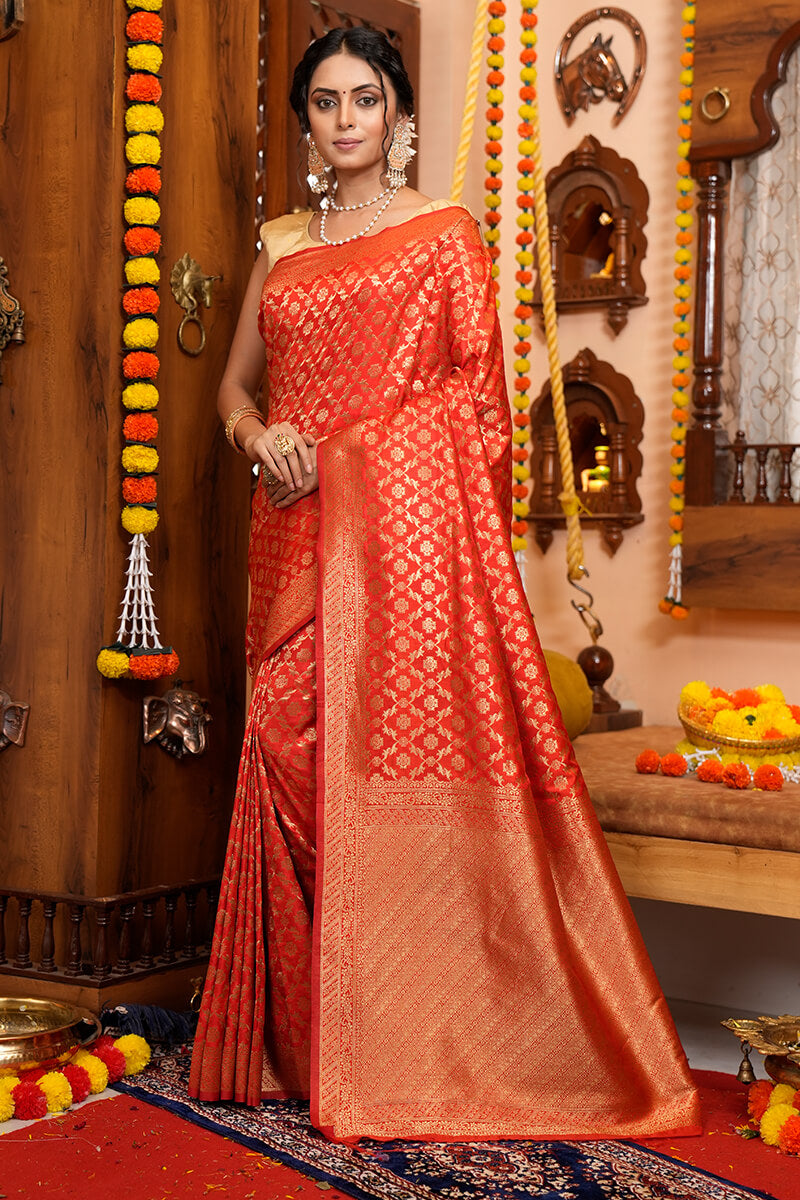 Gorgeous Red Kanjivaram Silk With Tempting Blouse Piece
