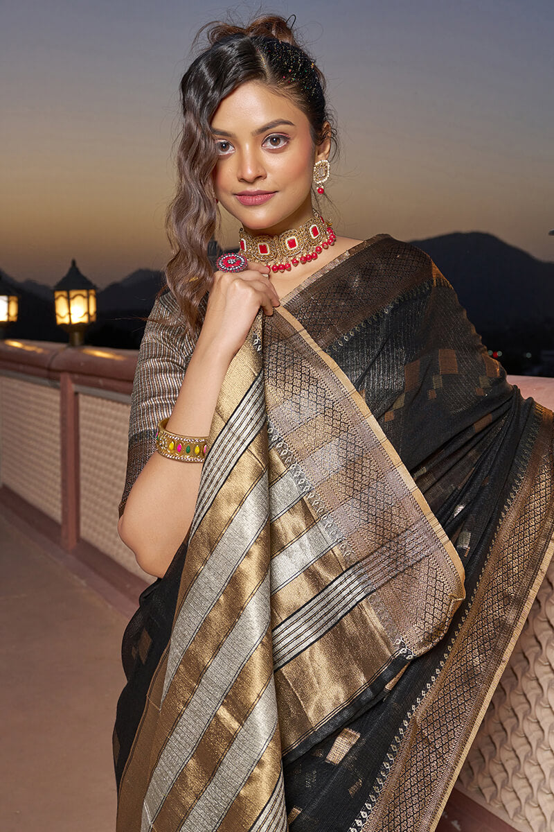 Transcendent Black Soft Silk Saree with Magnificat  Blouse Piece