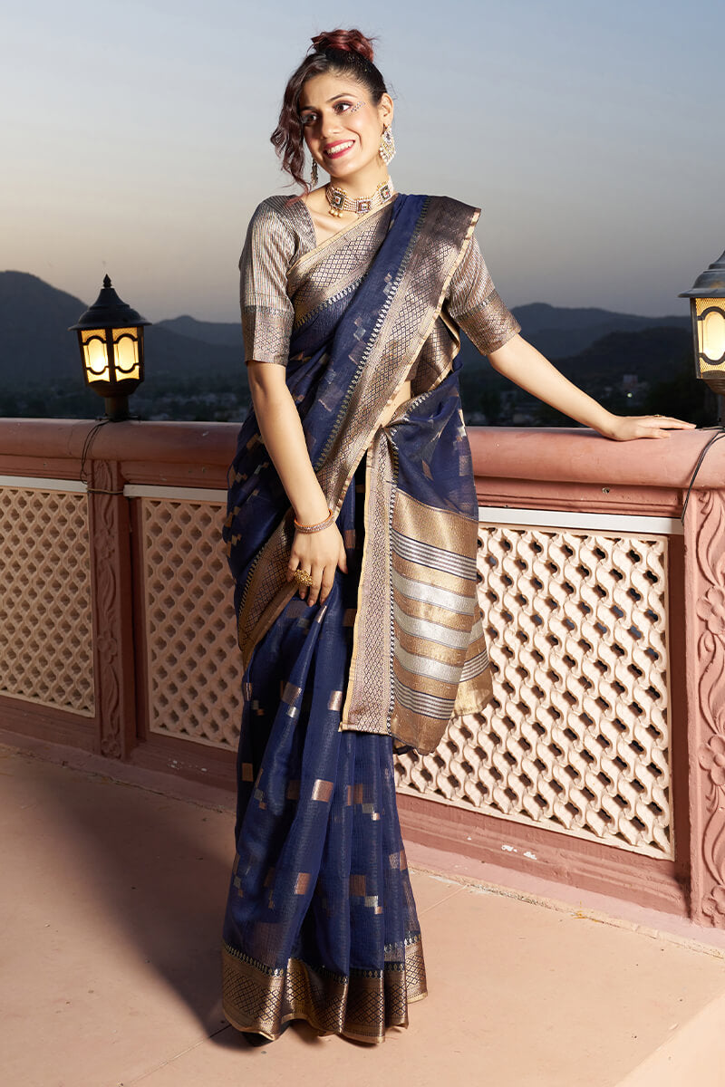 Elaborate Navy Blue Soft Silk Saree with Classic Blouse Piece