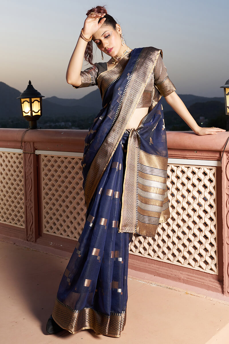 Elaborate Navy Blue Soft Silk Saree with Classic Blouse Piece