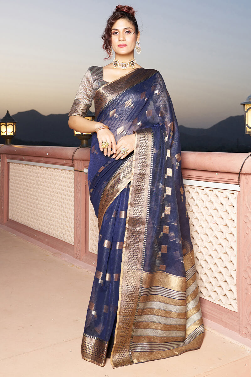 Elaborate Navy Blue Soft Silk Saree with Classic Blouse Piece