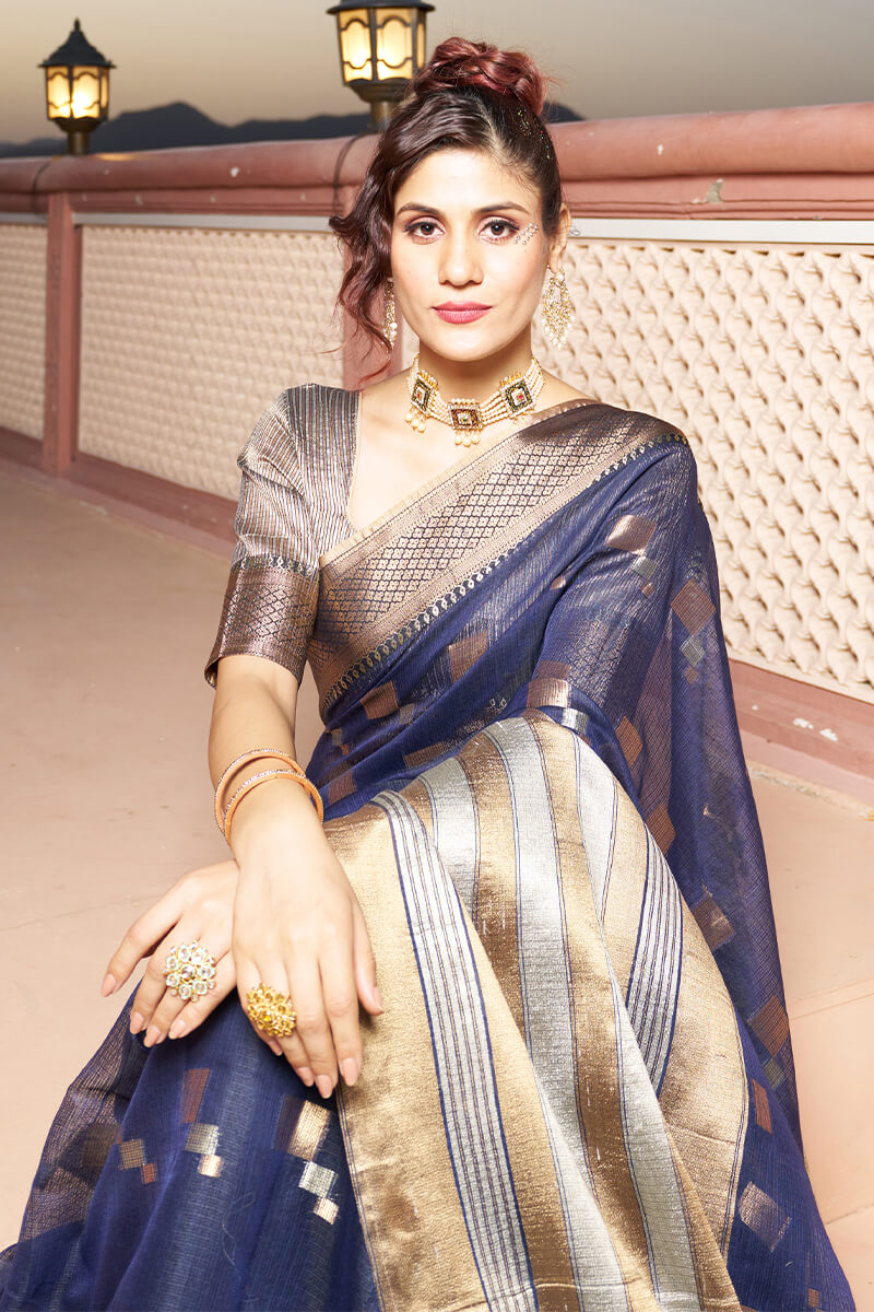 Elaborate Navy Blue Soft Silk Saree with Classic Blouse Piece