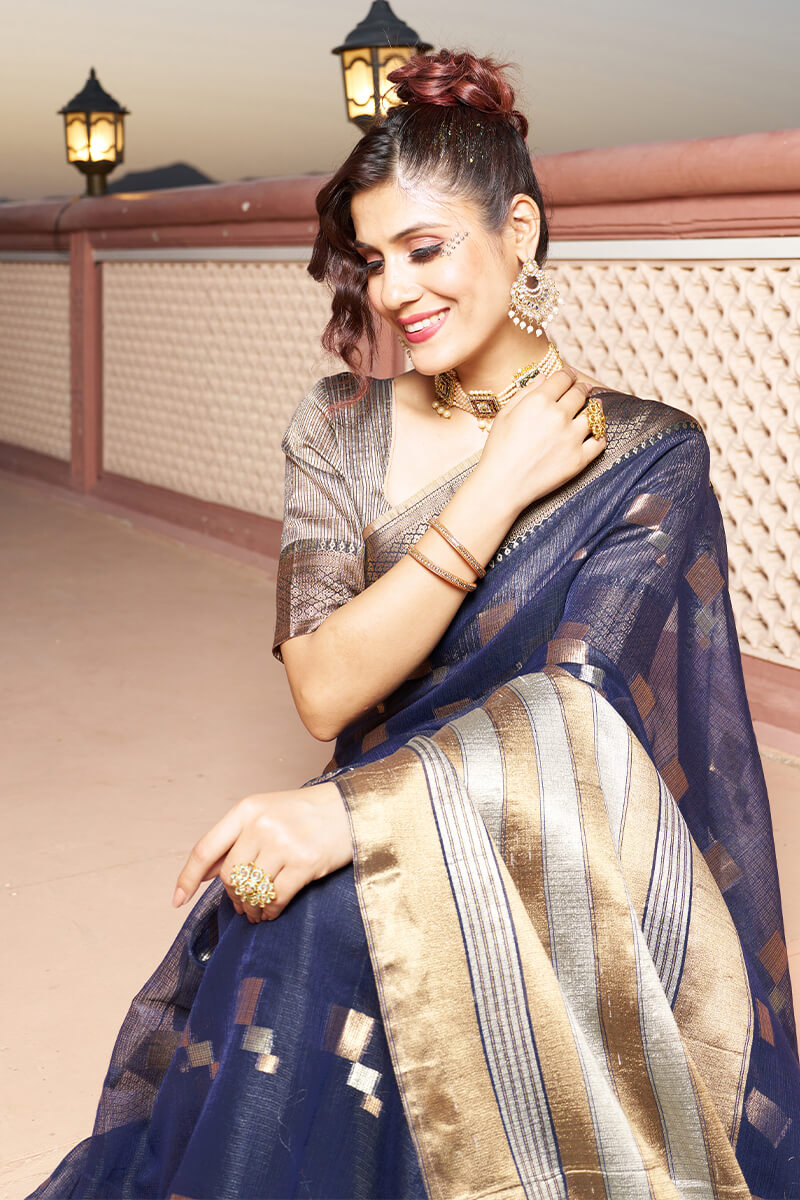 Elaborate Navy Blue Soft Silk Saree with Classic Blouse Piece