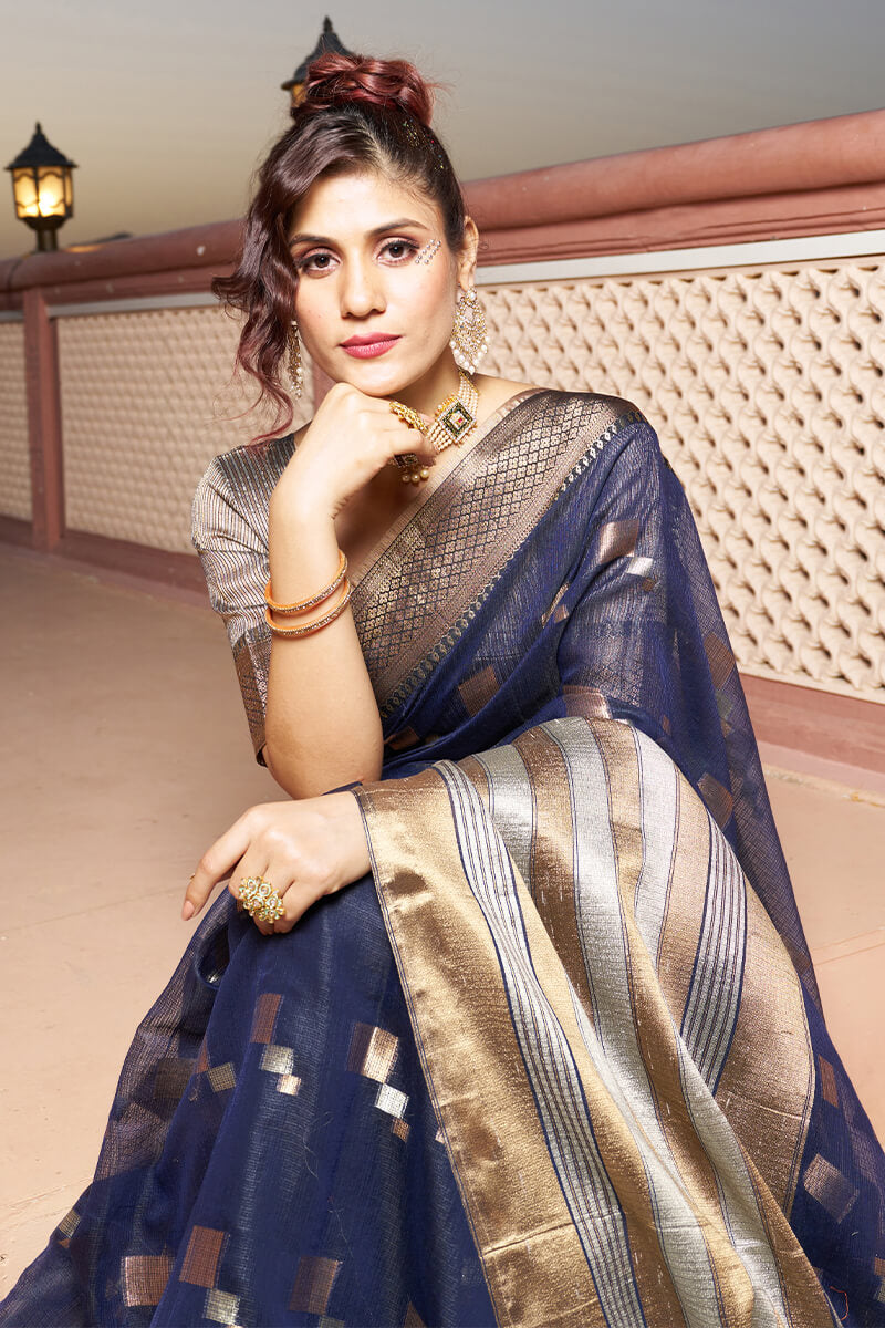 Elaborate Navy Blue Soft Silk Saree with Classic Blouse Piece