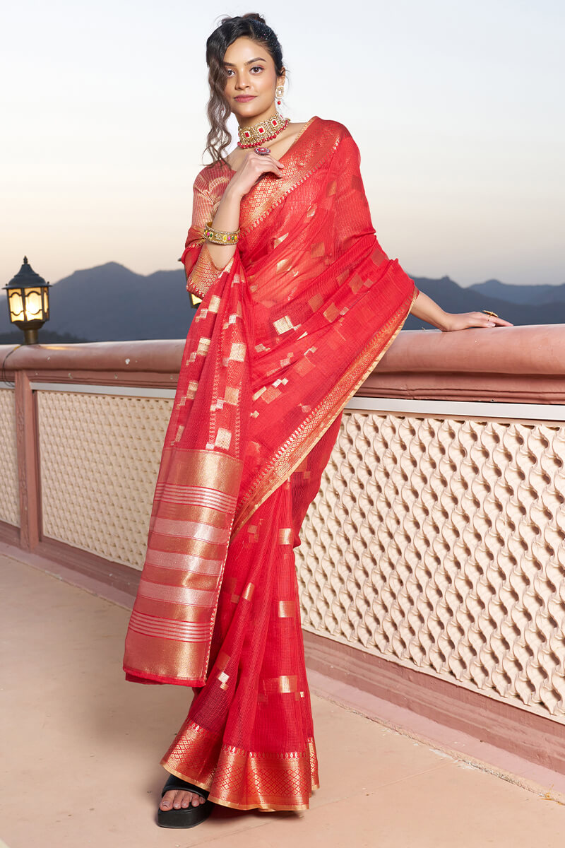 Unequalled Red Soft Silk Saree with Ideal Blouse Piece