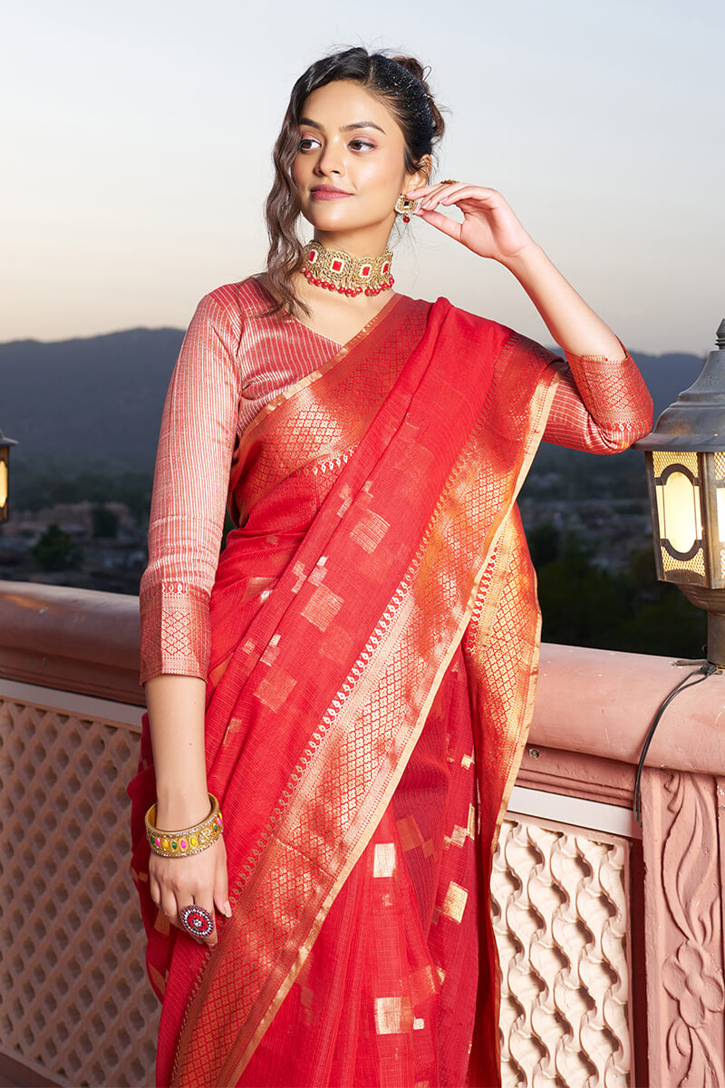 Unequalled Red Soft Silk Saree with Ideal Blouse Piece