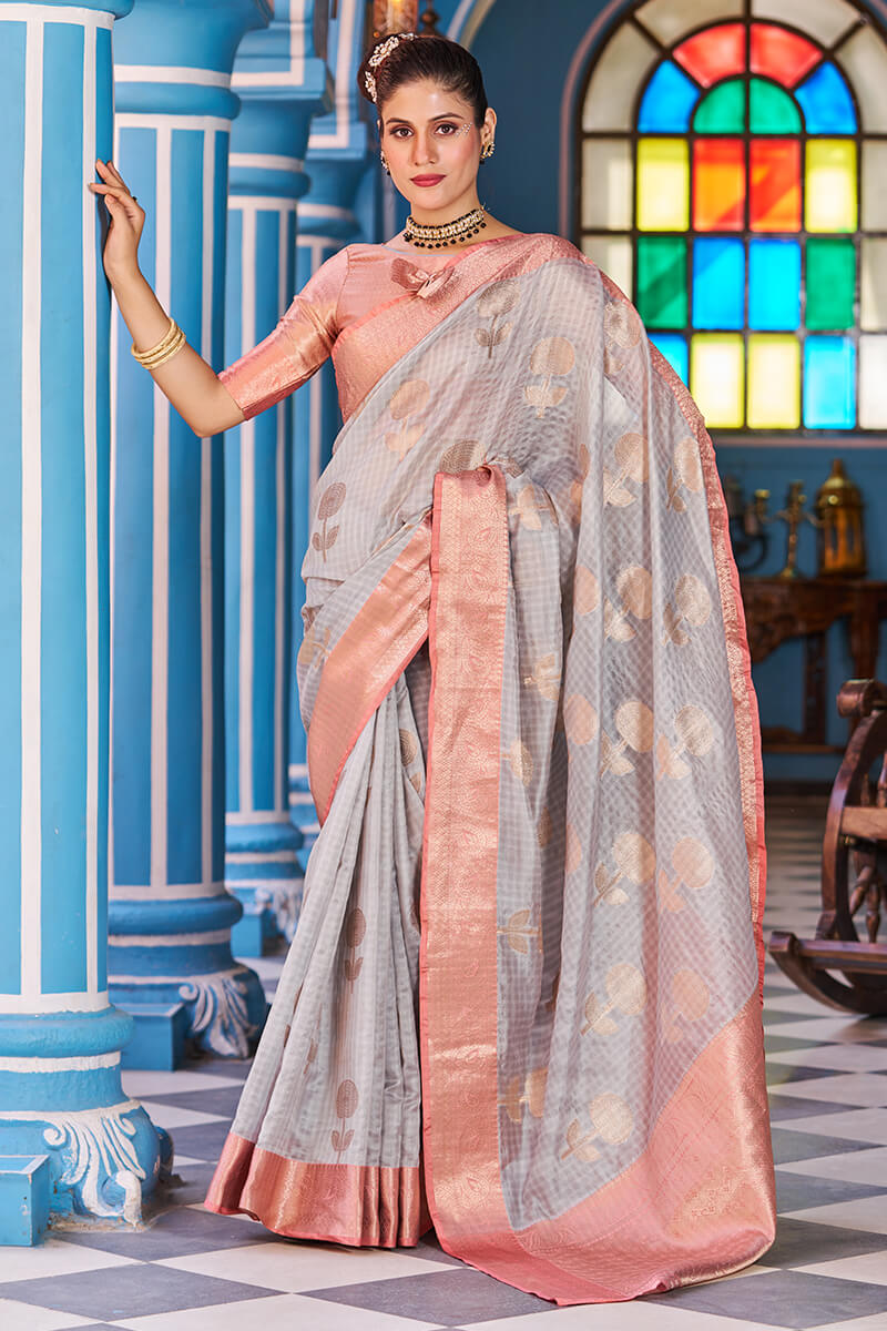 Magnetic Grey Organza Silk Saree With Confounding Blouse Piece