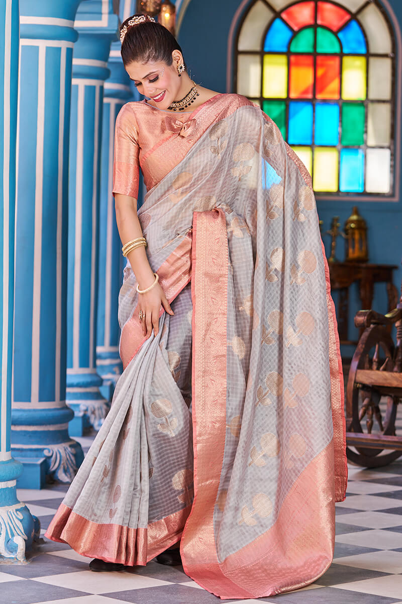 Magnetic Grey Organza Silk Saree With Confounding Blouse Piece