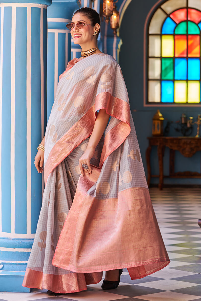 Magnetic Grey Organza Silk Saree With Confounding Blouse Piece