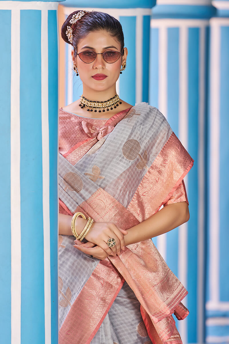 Magnetic Grey Organza Silk Saree With Confounding Blouse Piece