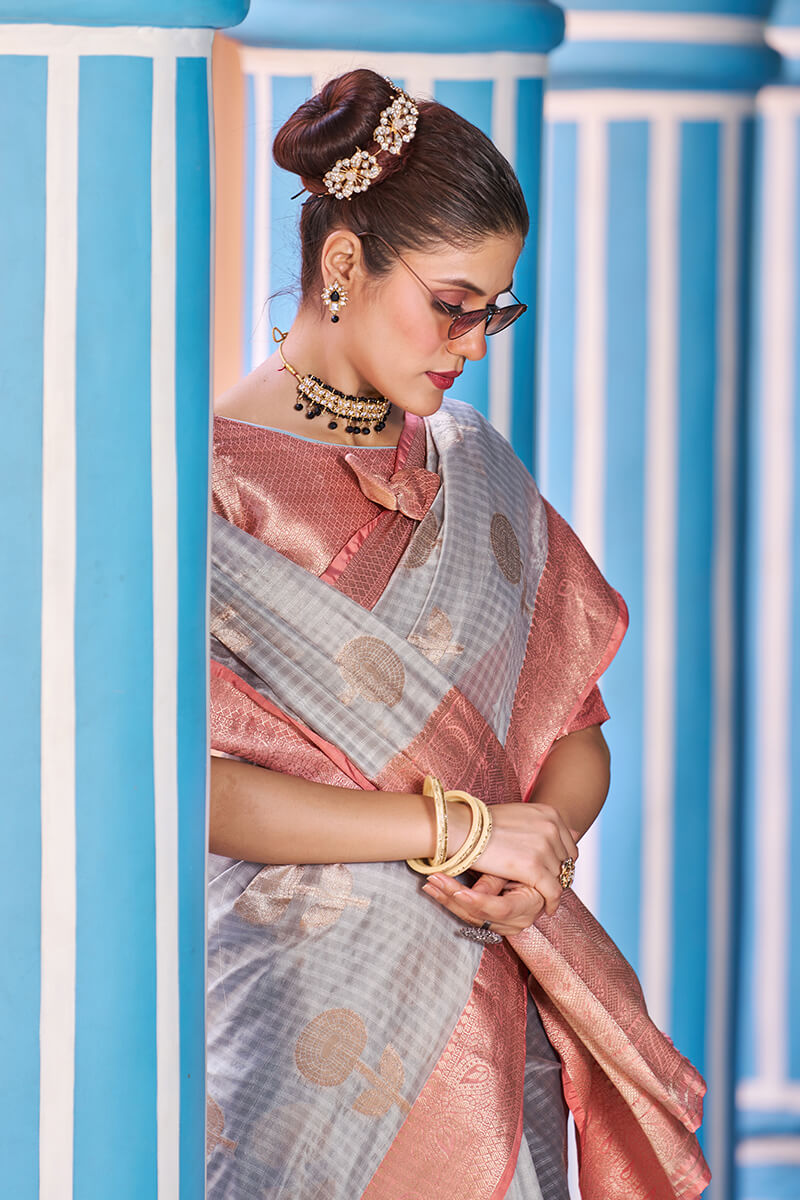 Magnetic Grey Organza Silk Saree With Confounding Blouse Piece