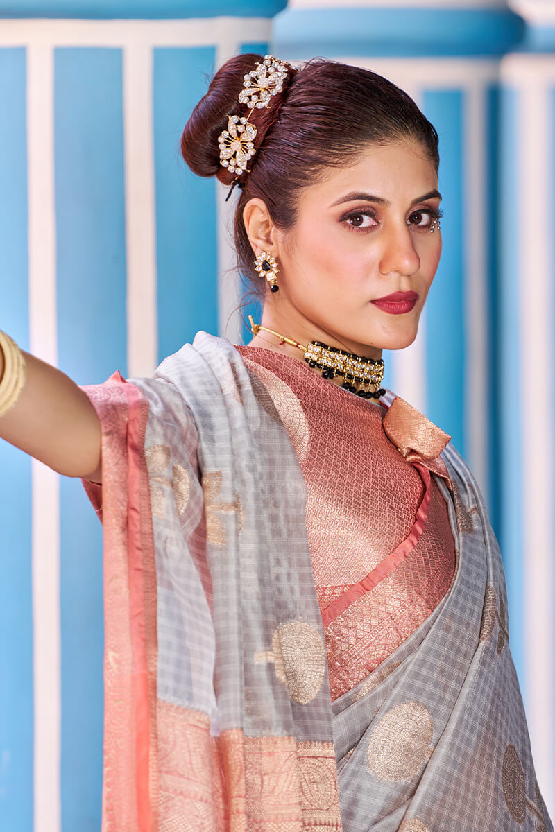 Magnetic Grey Organza Silk Saree With Confounding Blouse Piece