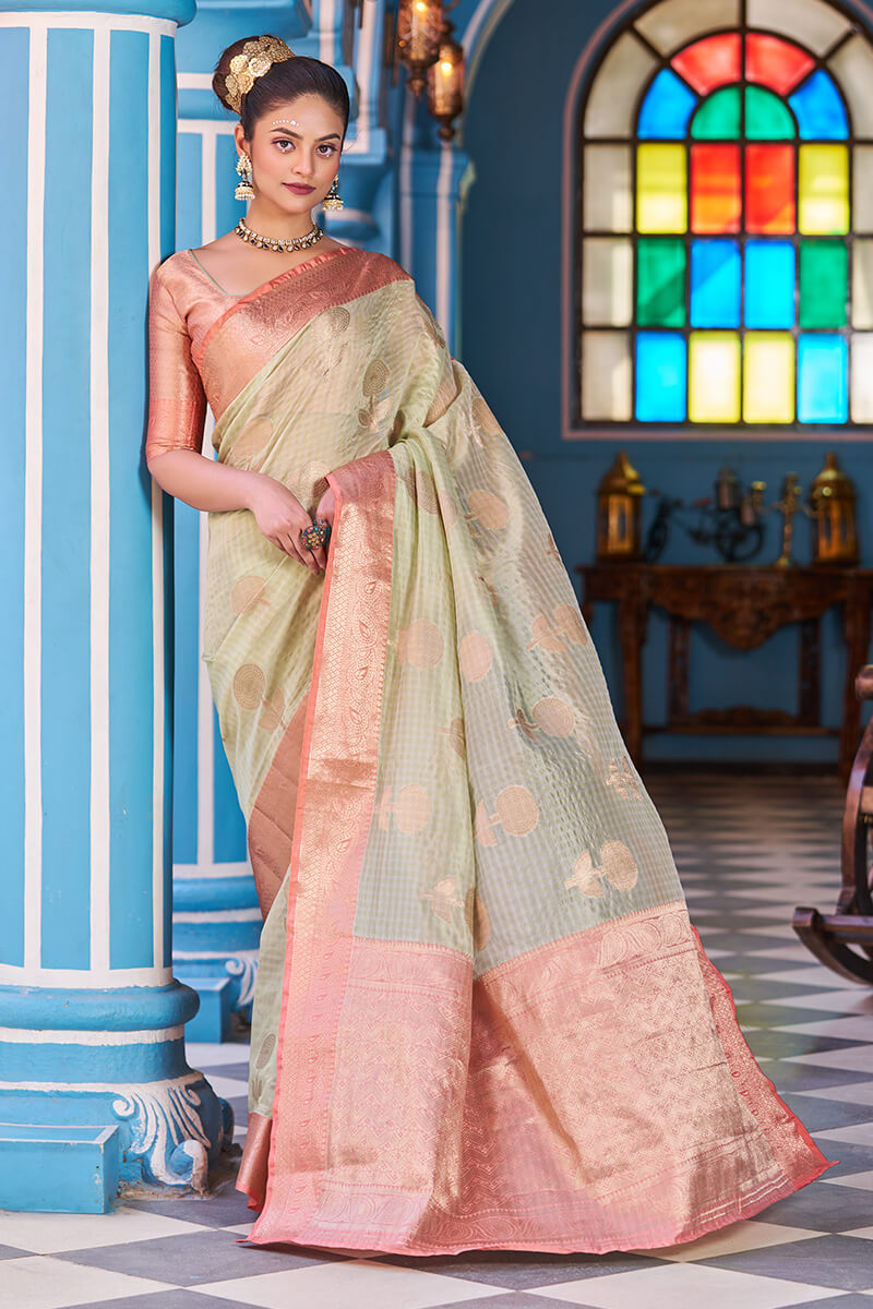 Splendiferous Pista Organza Silk Saree With Amiable Blouse Piece