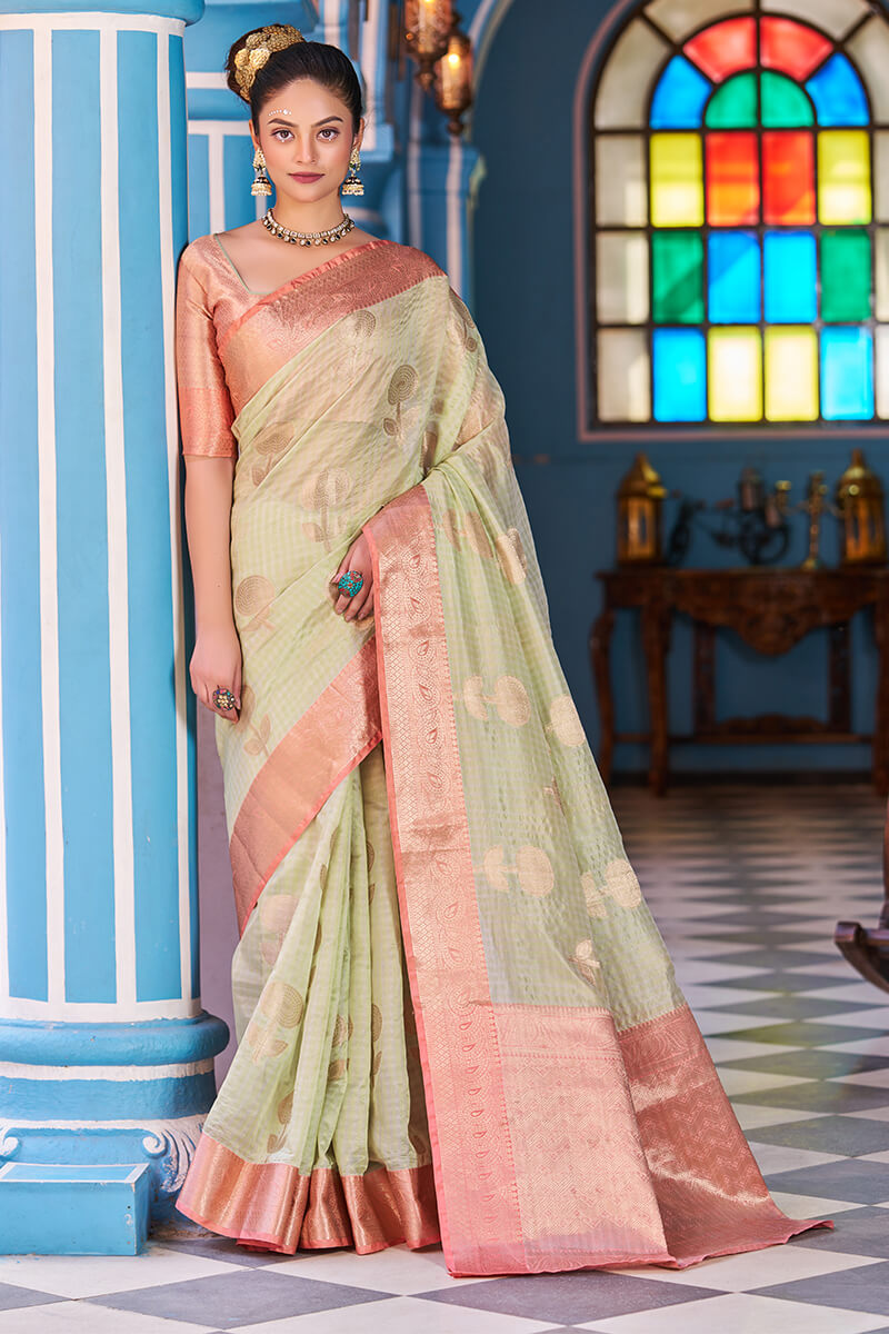 Splendiferous Pista Organza Silk Saree With Amiable Blouse Piece