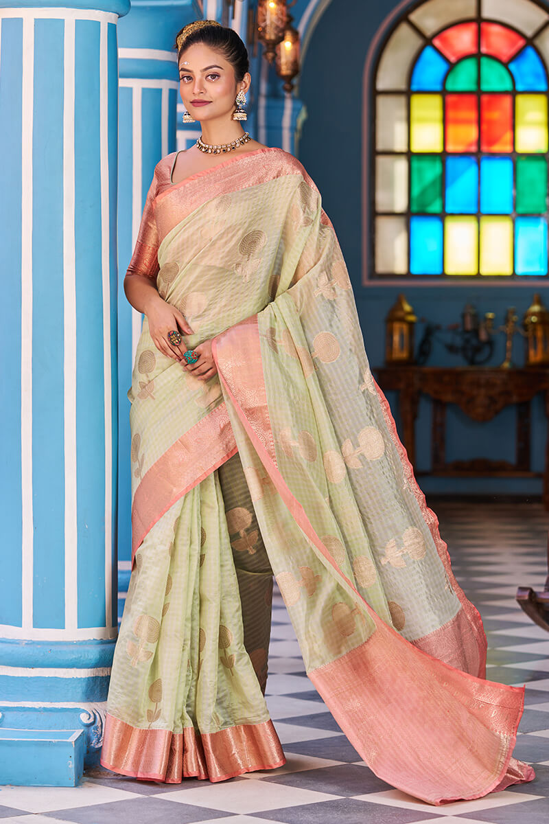 Splendiferous Pista Organza Silk Saree With Amiable Blouse Piece
