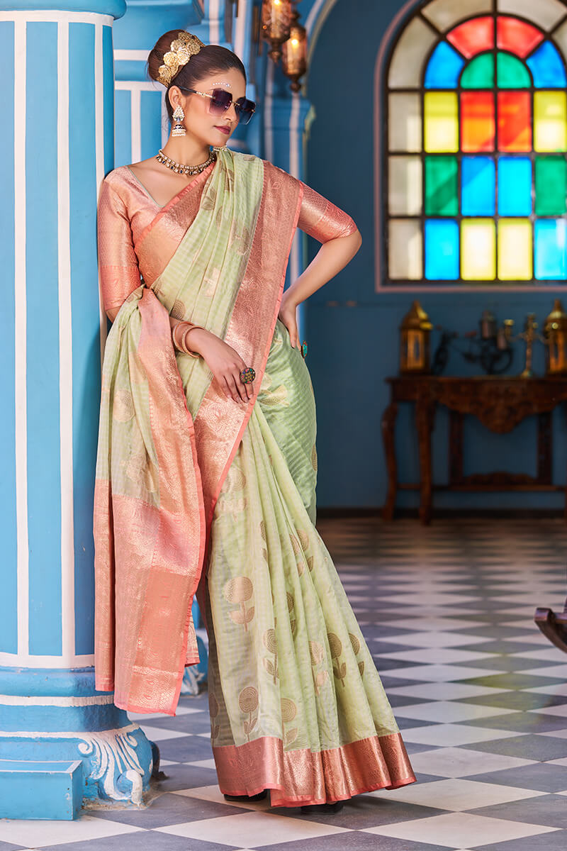 Splendiferous Pista Organza Silk Saree With Amiable Blouse Piece