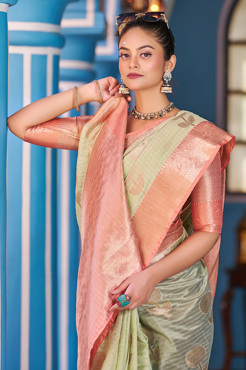 Splendiferous Pista Organza Silk Saree With Amiable Blouse Piece