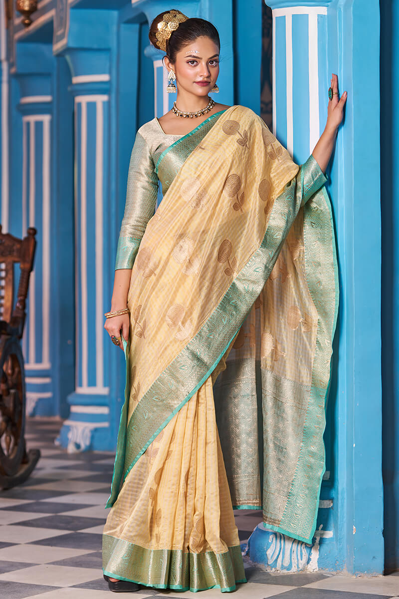 Snappy Yellow Organza Silk Saree With Luxuriant Blouse Piece