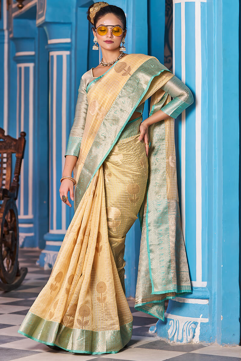 Snappy Yellow Organza Silk Saree With Luxuriant Blouse Piece