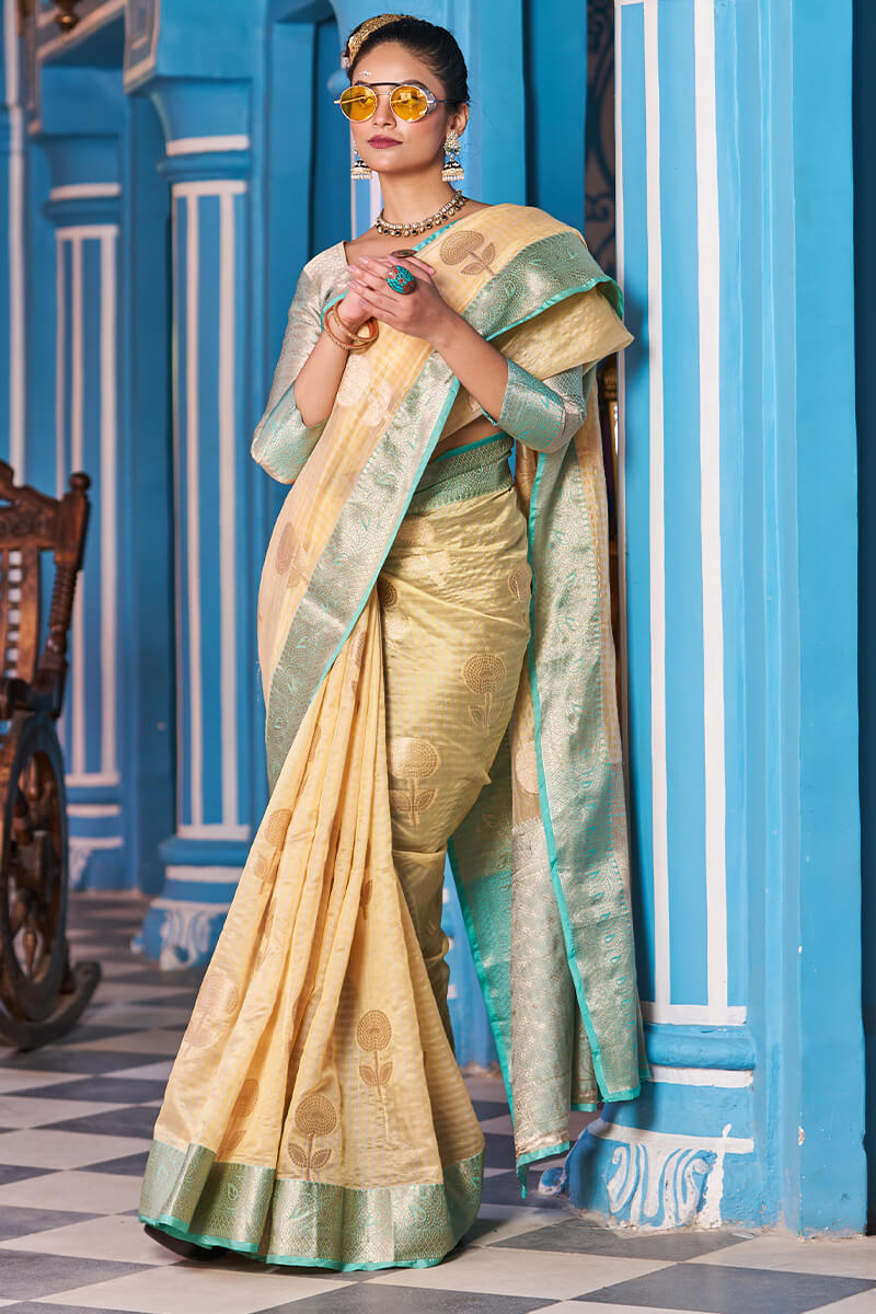 Snappy Yellow Organza Silk Saree With Luxuriant Blouse Piece