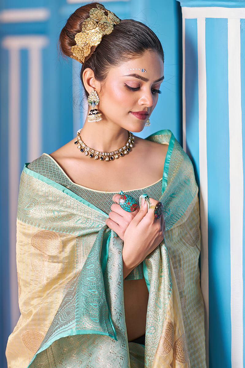 Snappy Yellow Organza Silk Saree With Luxuriant Blouse Piece