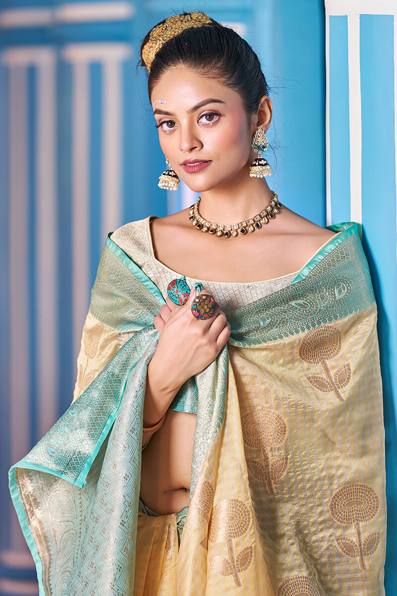 Snappy Yellow Organza Silk Saree With Luxuriant Blouse Piece