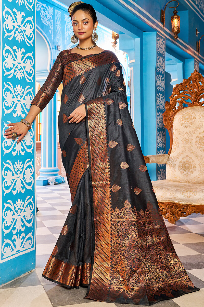 Appealing Black Banarasi Silk Saree With Desiring Blouse Piece