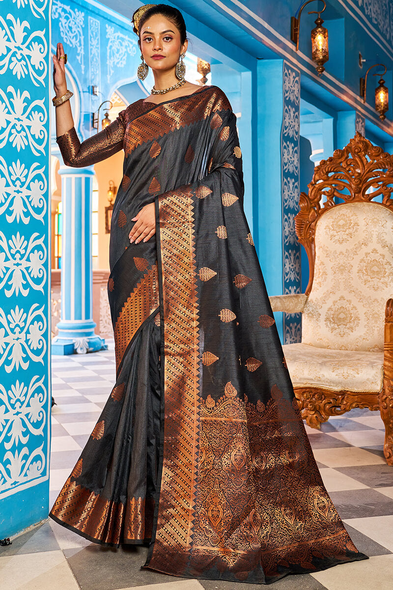 Appealing Black Banarasi Silk Saree With Desiring Blouse Piece
