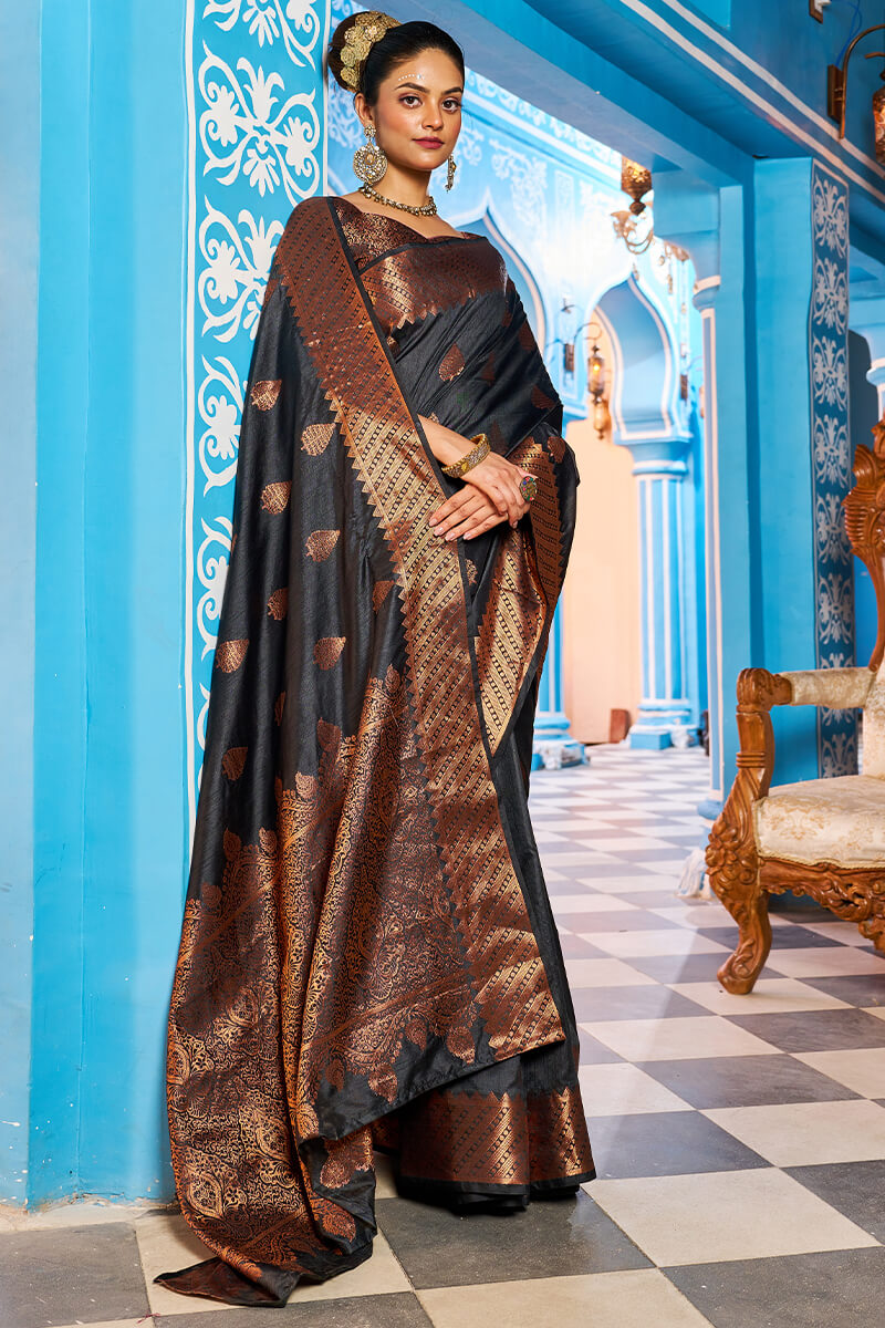 Appealing Black Banarasi Silk Saree With Desiring Blouse Piece