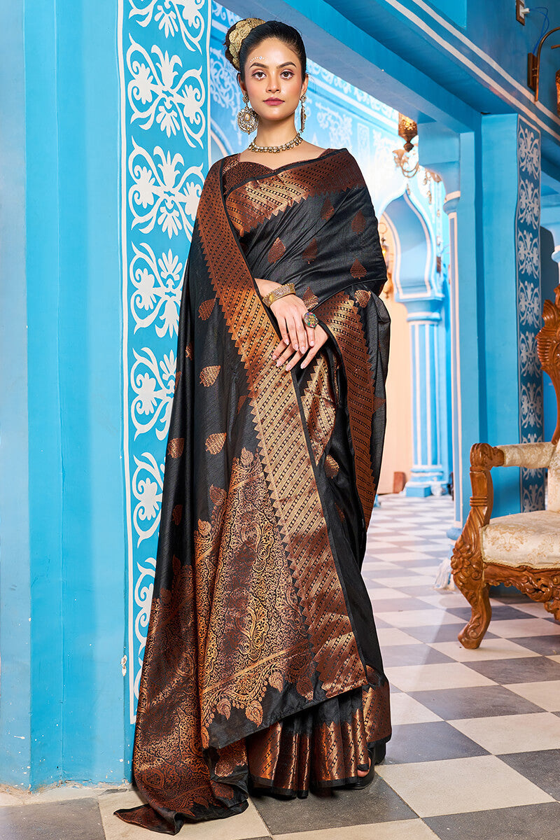Appealing Black Banarasi Silk Saree With Desiring Blouse Piece