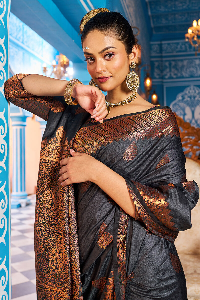 Appealing Black Banarasi Silk Saree With Desiring Blouse Piece