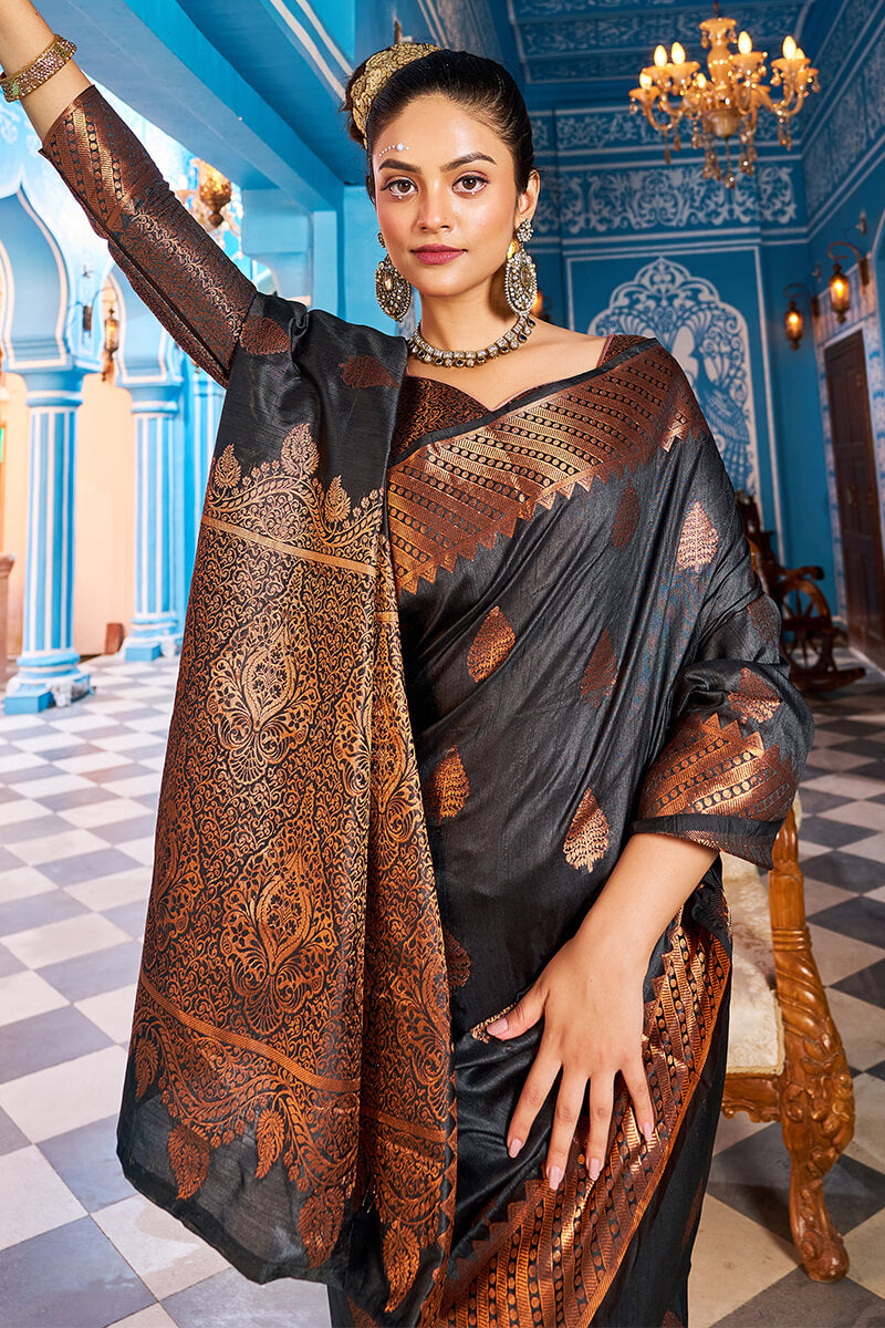 Appealing Black Banarasi Silk Saree With Desiring Blouse Piece