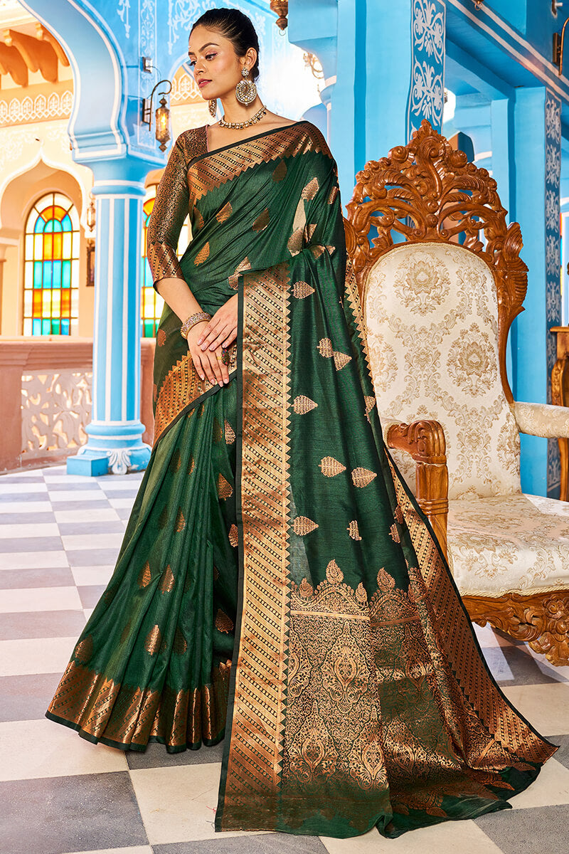Blooming Dark Green Banarasi Silk Saree With Ethnic Blouse Piece