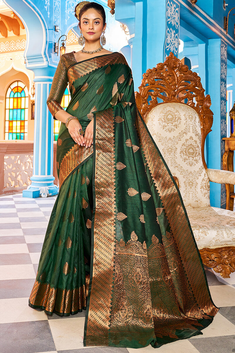 Blooming Dark Green Banarasi Silk Saree With Ethnic Blouse Piece