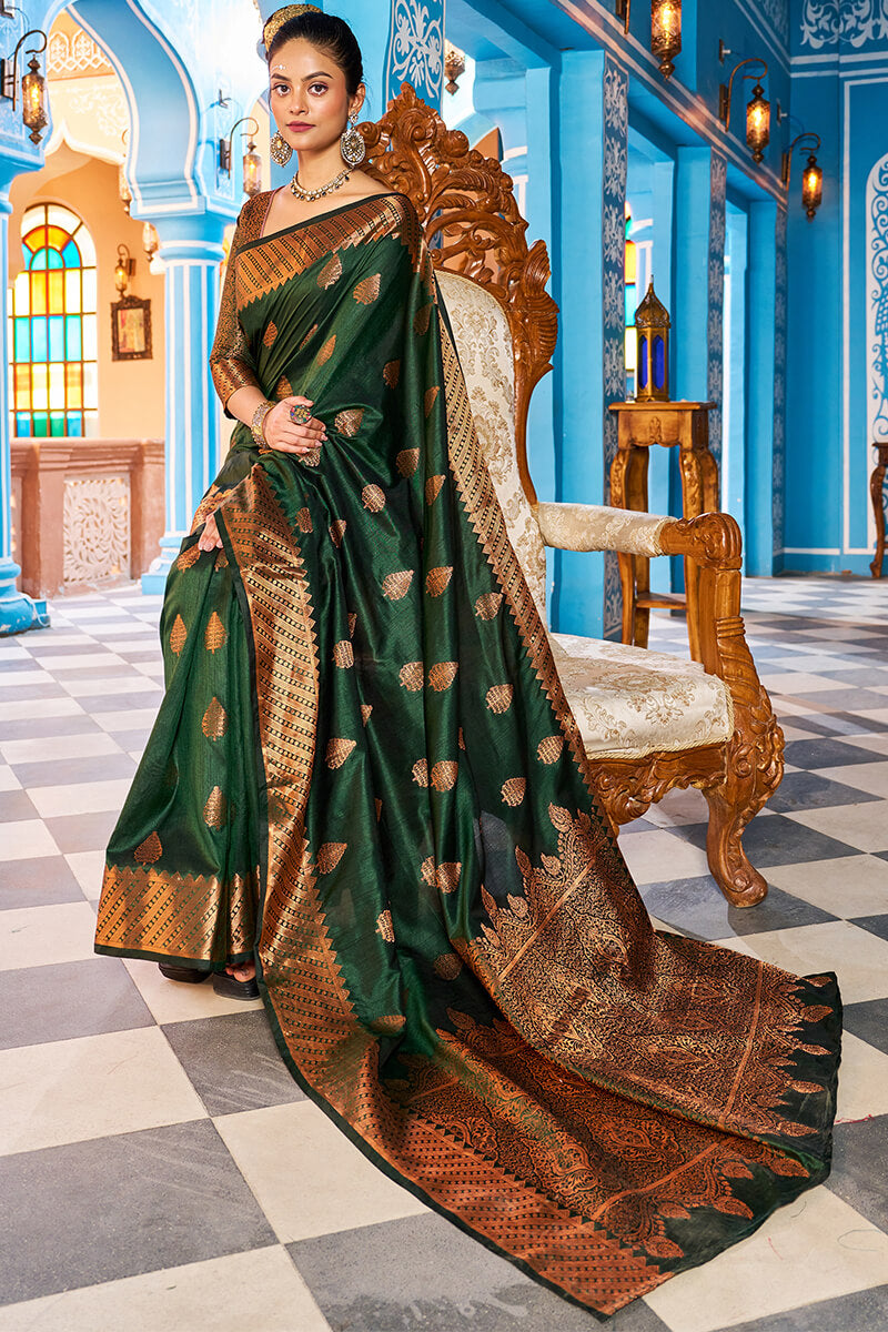 Blooming Dark Green Banarasi Silk Saree With Ethnic Blouse Piece