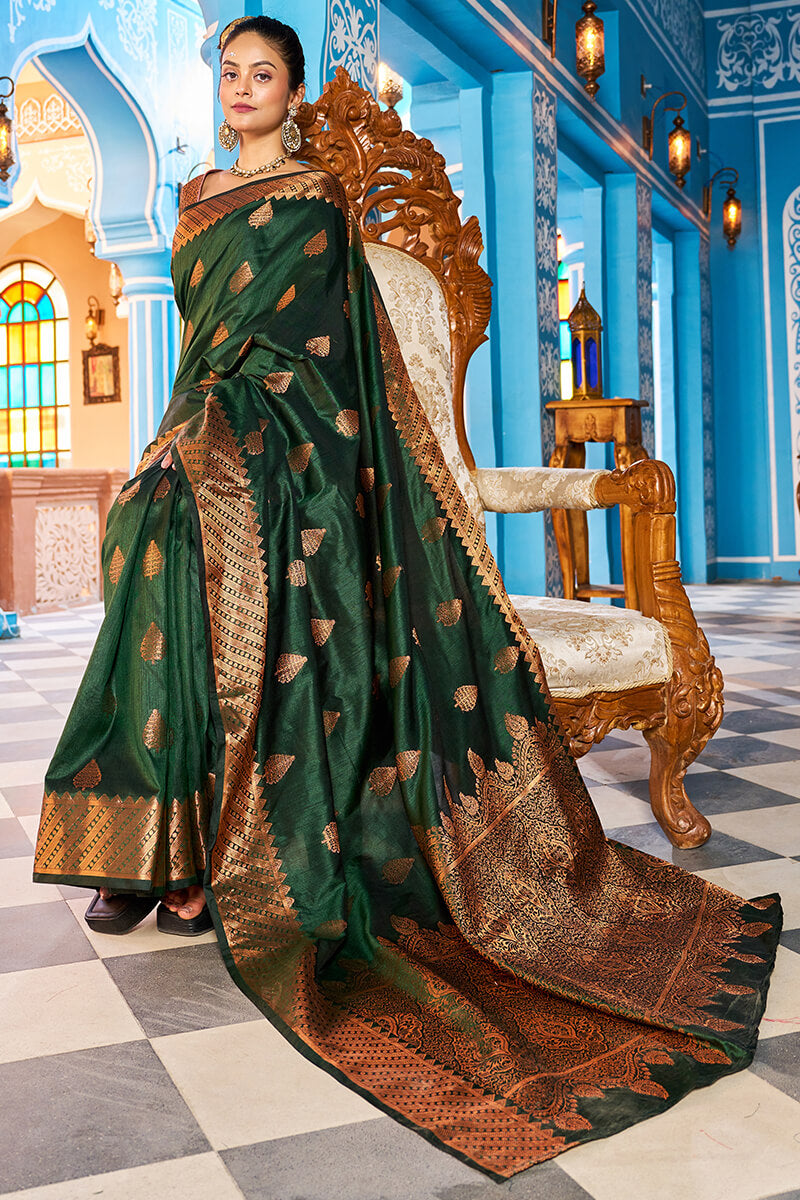 Blooming Dark Green Banarasi Silk Saree With Ethnic Blouse Piece