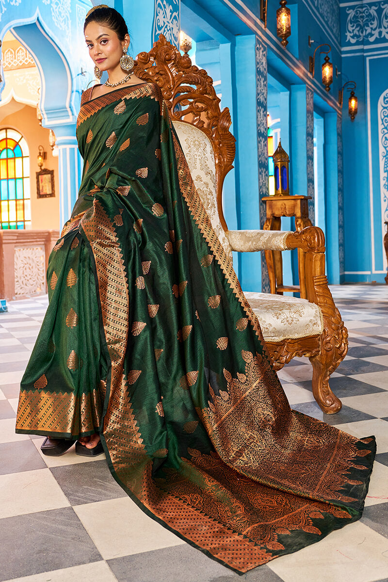 Blooming Dark Green Banarasi Silk Saree With Ethnic Blouse Piece