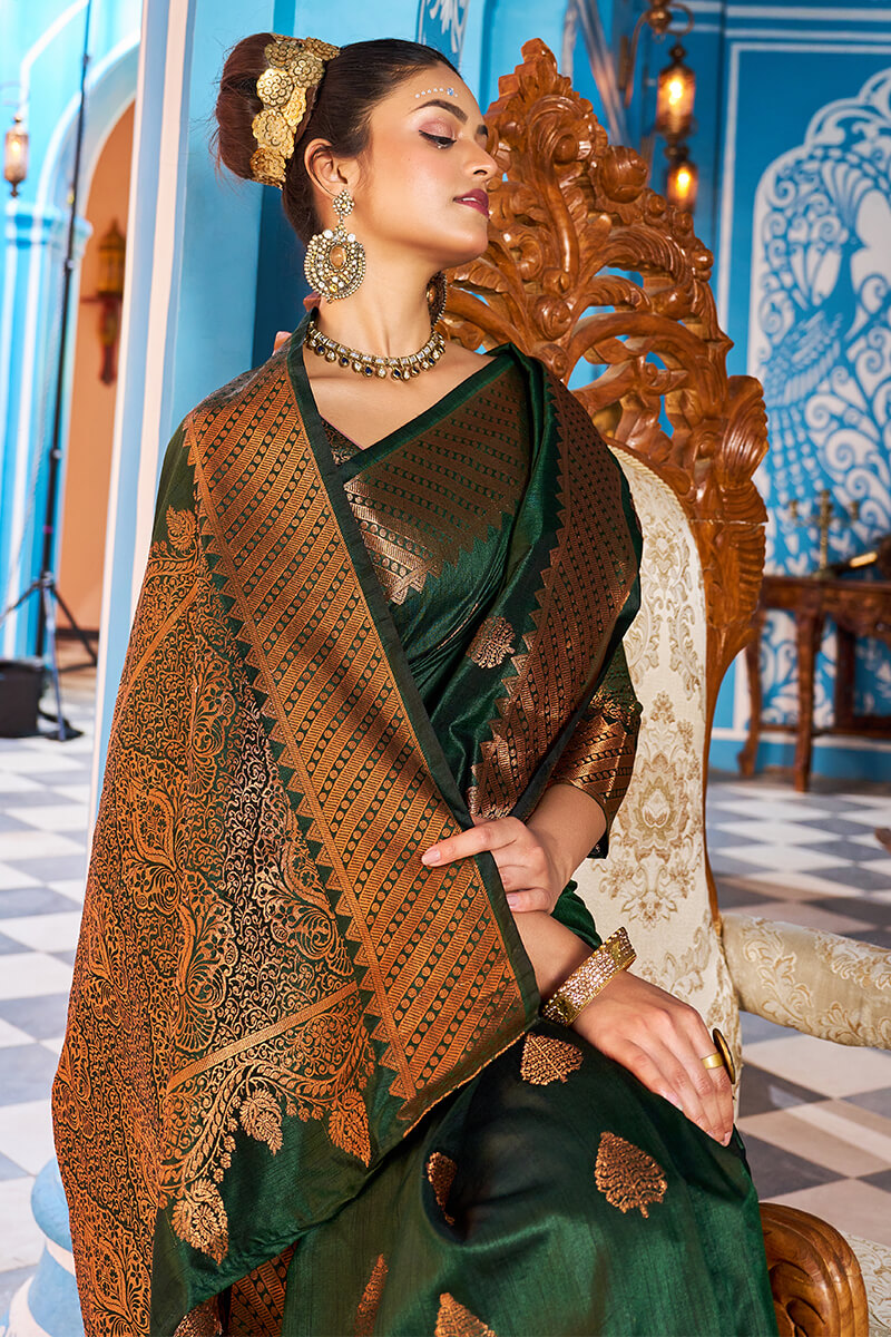 Blooming Dark Green Banarasi Silk Saree With Ethnic Blouse Piece